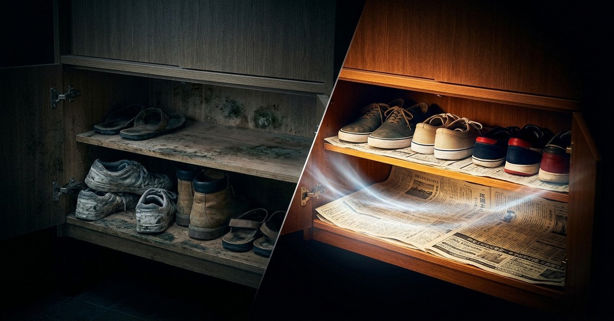 下駄箱に新聞紙でカビと悪臭を同時に防ぐ効果と仕組み