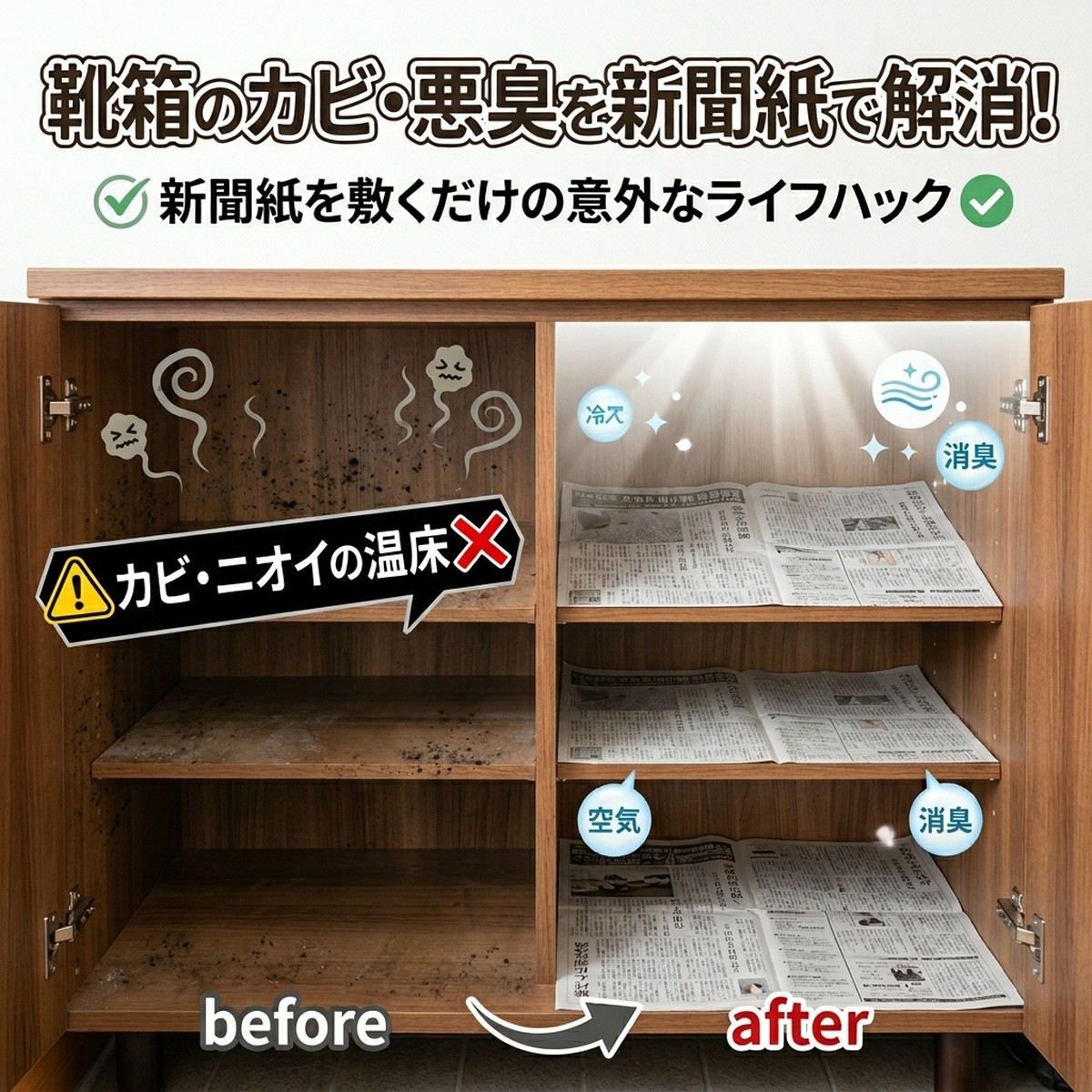 下駄箱に新聞紙を敷く効果とは？カビ・悪臭を防ぐ仕組みを解説