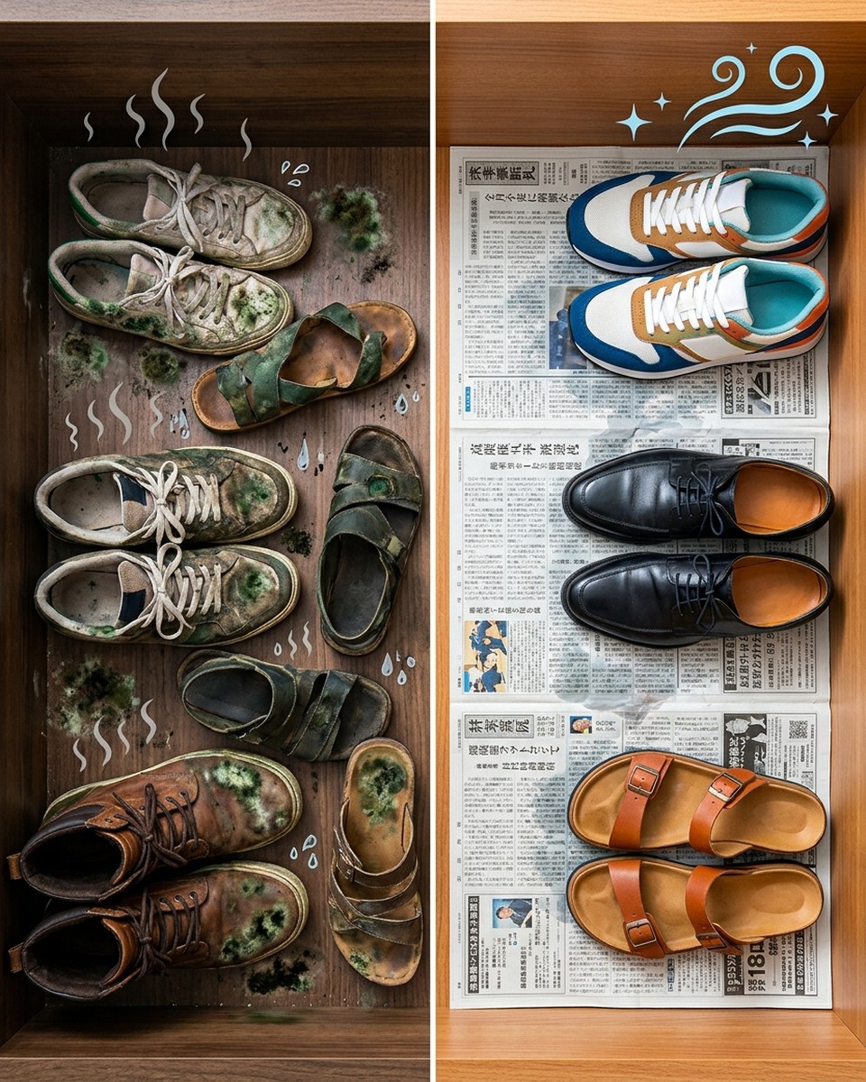 下駄箱の湿気と悪臭を同時に防ぐ新聞紙の活用法