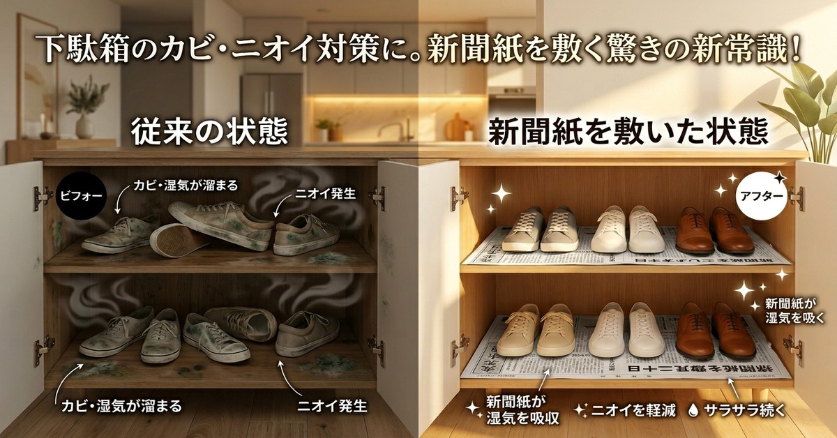 下駄箱に新聞紙を敷くことでカビと悪臭を同時に防ぐ科学的理由と実践方法
